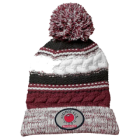 maroon, white and black knit pom hat
